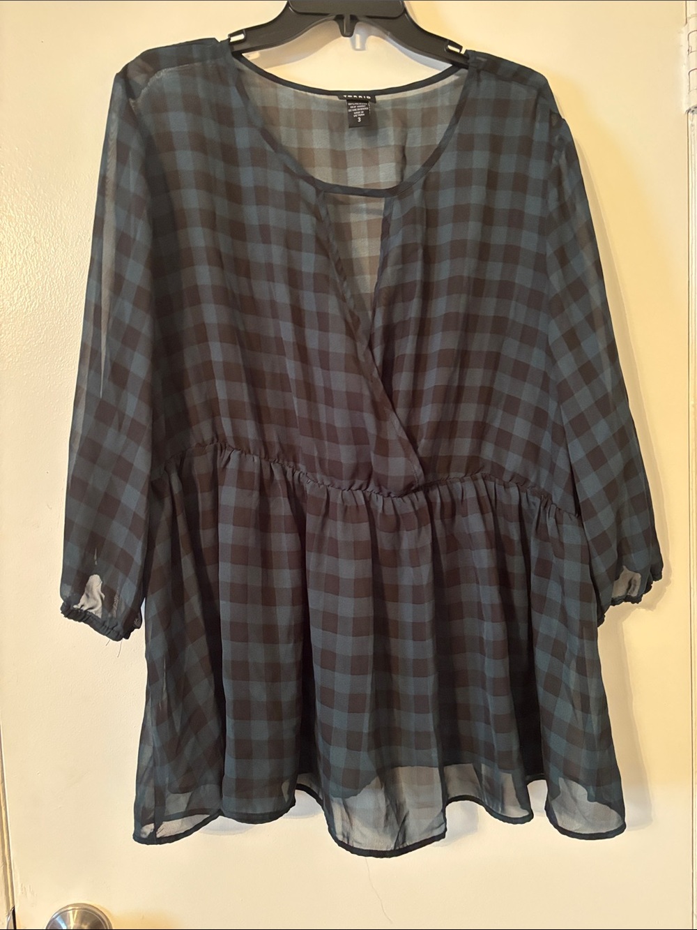 torrid Black and Green Plaid Peplum Sheer Tunic 3
